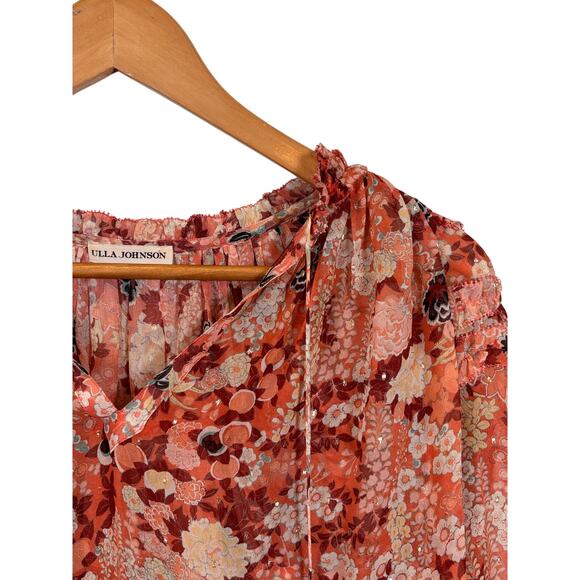 Ulla Johnson Adela Floral Silk Semi Sheer Balloon Sleeve Tasseled Top Women 2 - Picture 4 of 5